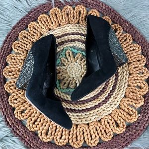 Ramon Tenza Sz 8 Womens Black Suede Glitter Sparkle High Cone Block Heels Shoes